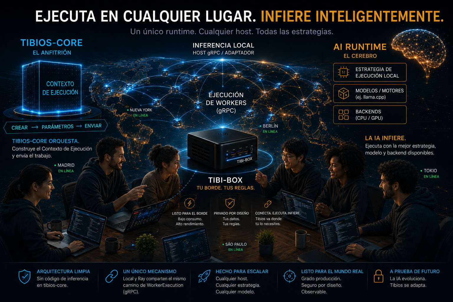TibiOS: la TibiBox ejecutando inferencia local, conectada a una comunidad global de nodos