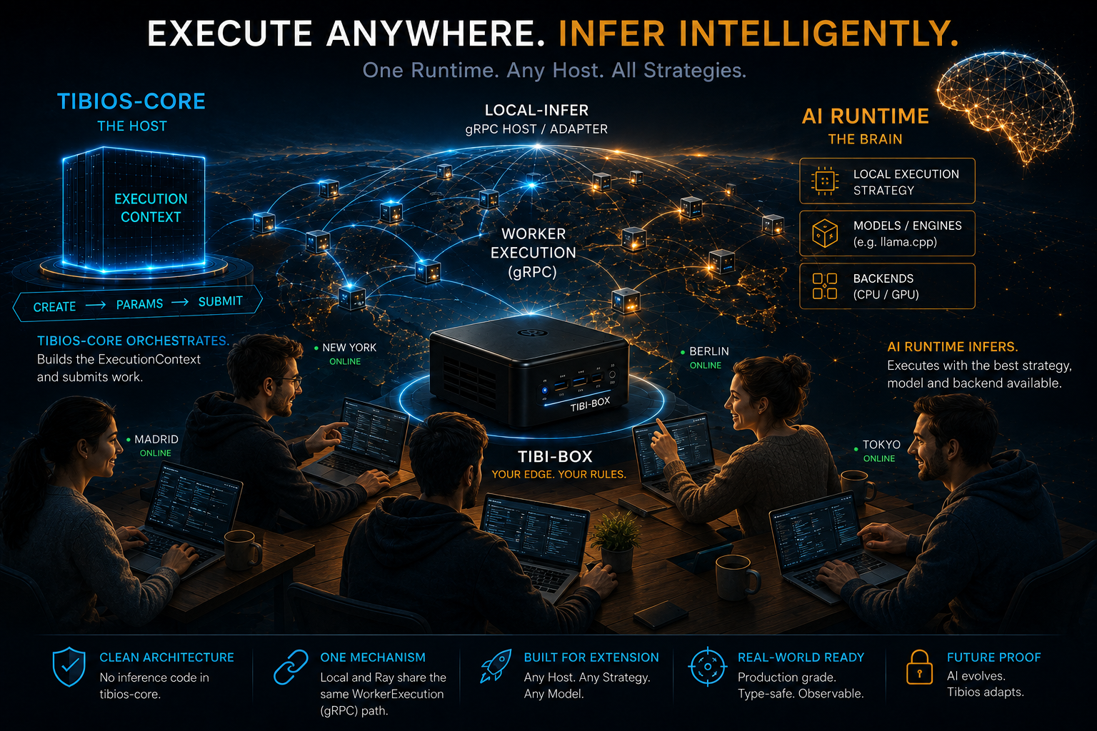 TibiOS: the TibiBox running local inference, connected to a global community of nodes