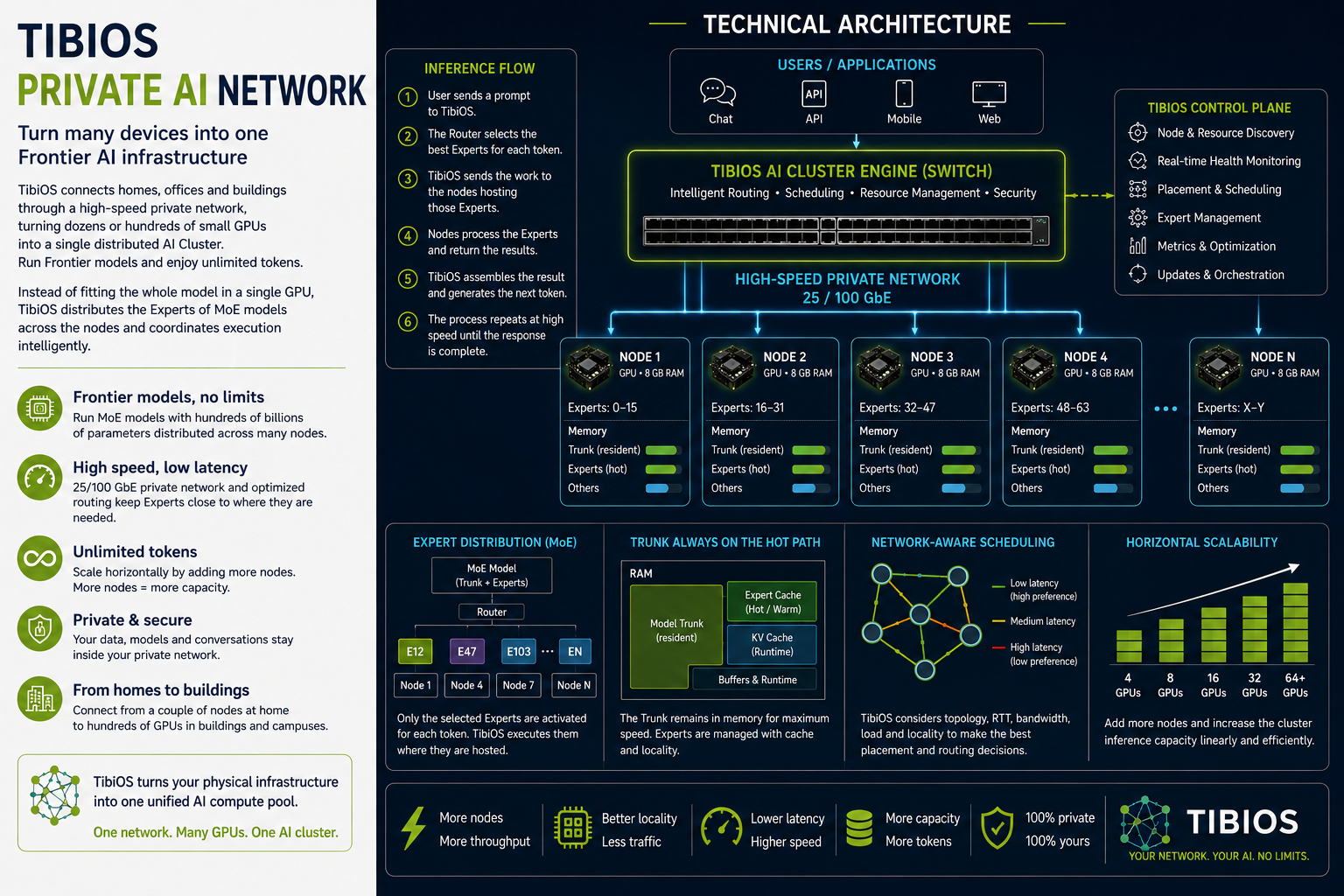 TibiOS Private AI Network technical architecture: TibiOS AI Cluster Engine routing tokens across a node grid with Trunk, Experts and Others memory, plus the TibiOS Control Plane